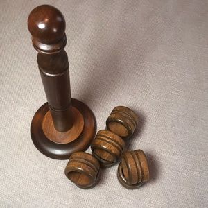Set of 8 Vintage Wood Napkin Rings with Stand